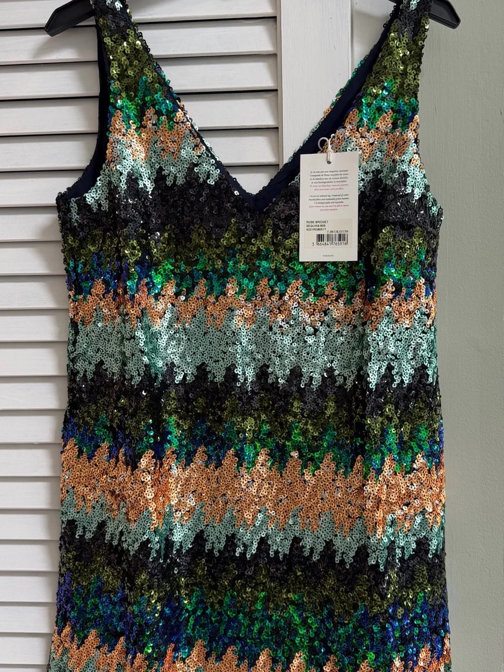 Sezane Sequined V-Neck Mini Dress in Green, Black & Copper - Picture 1 of 4